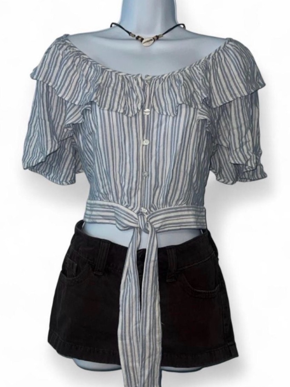 Boho Coquette Free People Blue and White Striped Off-Shoulder Tie-Front Blouse